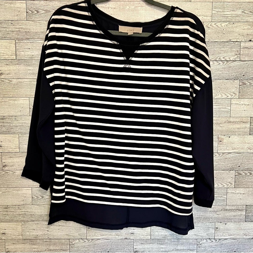 BlueWhite LOFT Women Cotton Polyester Blouse High Low Hem 3/4 Sleeve Striped‎ M - Picture 4 of 12